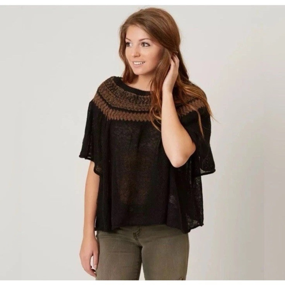 Free People Womens Loch Lomond Off the Shoulder Top‎ Flutter Black Knit Boho L